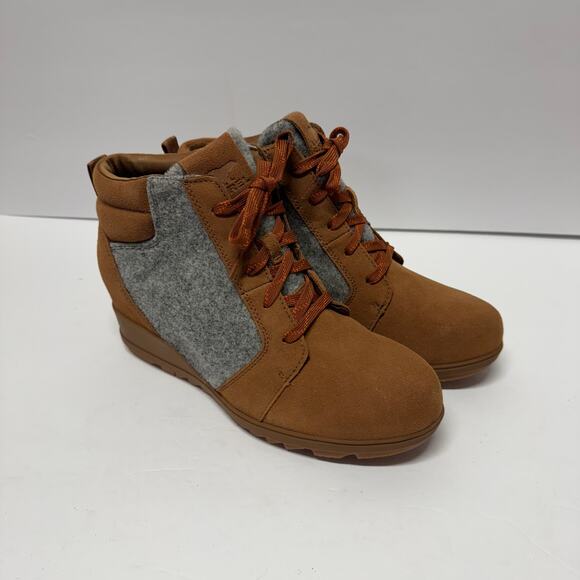 Sorel Womens Evie Ankle Lace Wedge Bootie Velvet Tan Brown Waterproof Size 10.5 - Picture 1 of 8
